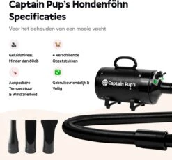 Captain Pup's Professionele Hondenföhn Met 4 Opzetstukken - Bijgeleverde Hondenborstel - Waterblazer Voor Honden - Zwart -Hond Benodigdheden 1200x1117