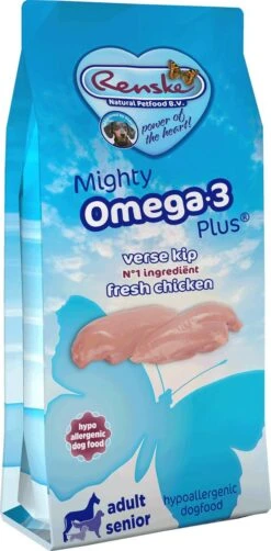 Renske Mighty Omega Plus Adult/Senior Kip/Rijst 15 KG -Hond Benodigdheden 590x1200