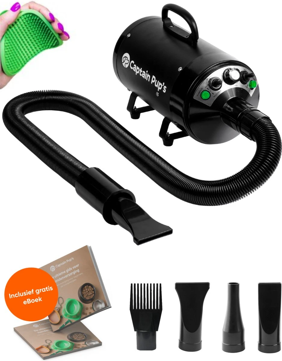 Captain Pup's Professionele Hondenföhn Met 4 Opzetstukken - Bijgeleverde Hondenborstel - Waterblazer Voor Honden - Zwart